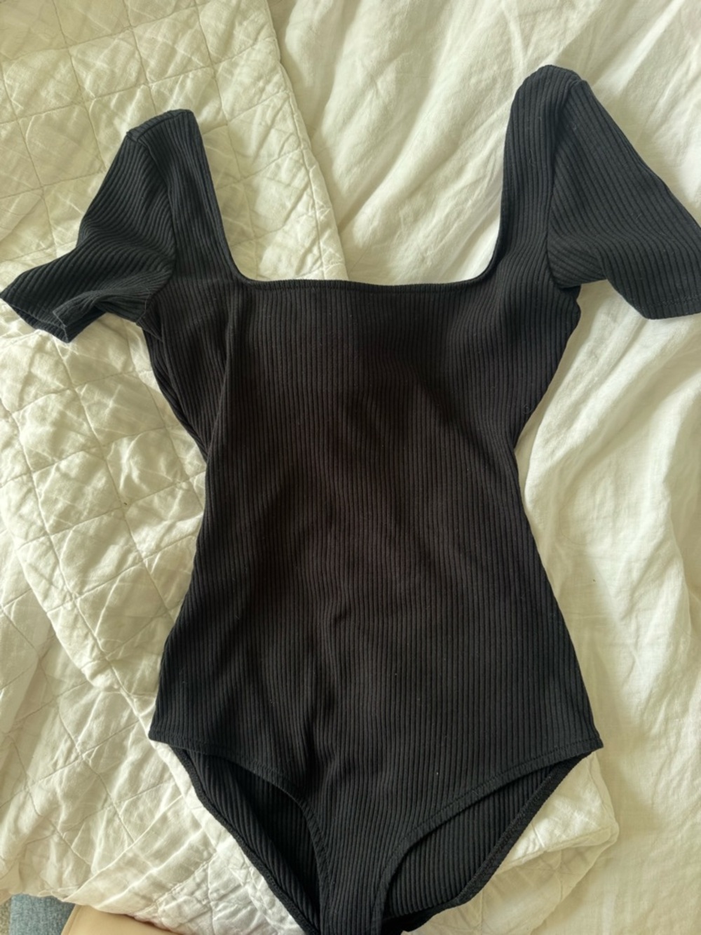 Sezane XS Black Ribbed Square-Neck Bodysuit